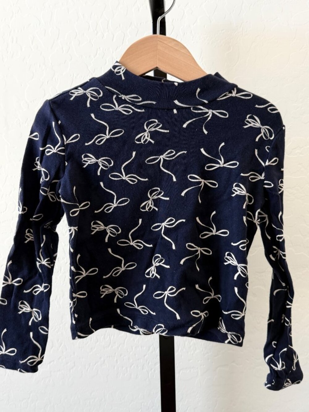 GAP Girls Navy Blue Ribbon Bow Print Long Sleeve Knit Top Shirt Size XS 4-5